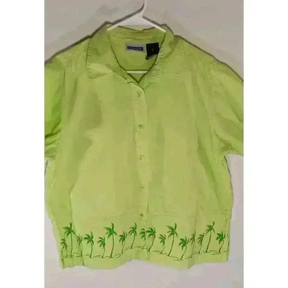 "Erika & Co‎ "Women's XL Green Palm Trees Cotton Button Up Short Sleeve Top